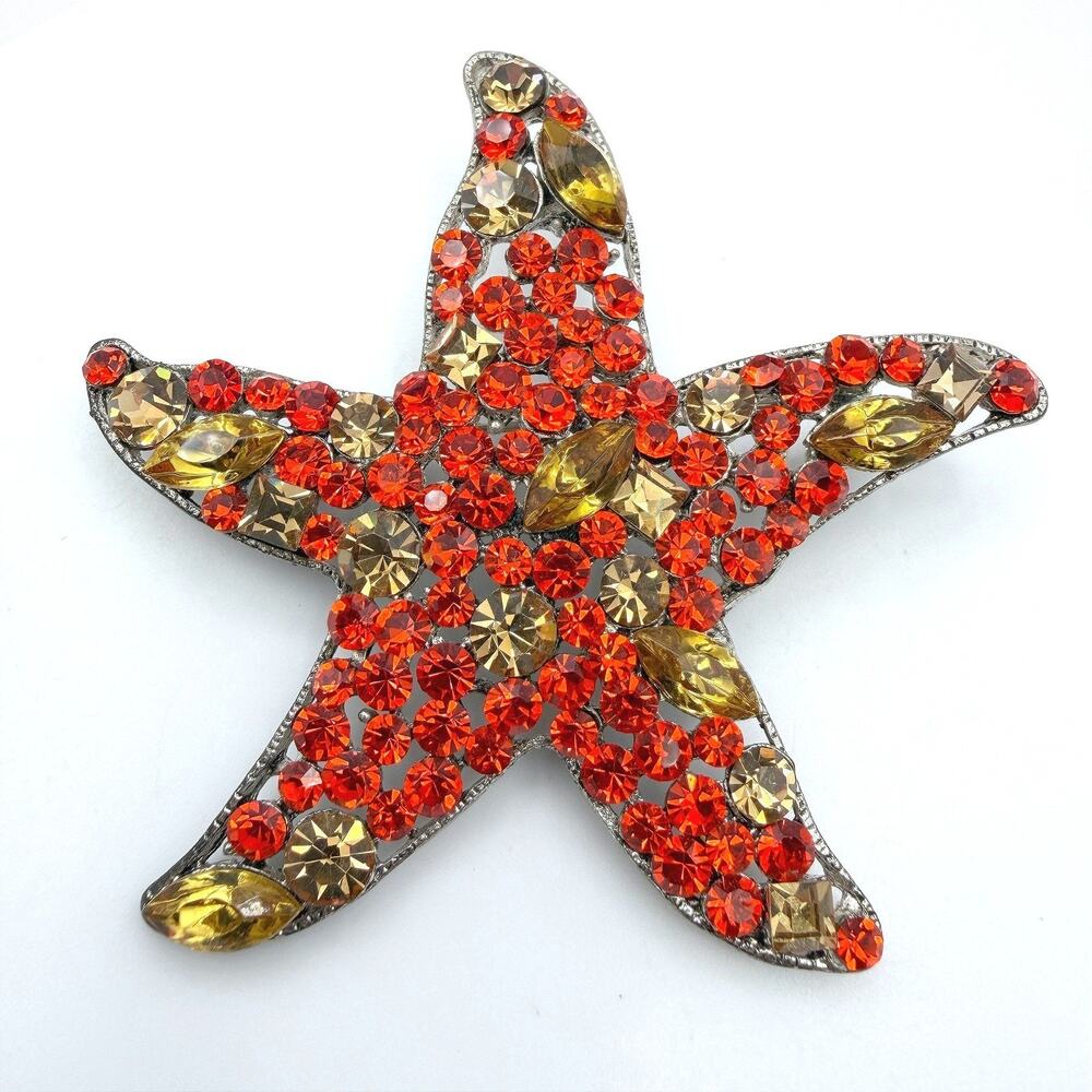 Vintage Red Yellow Rhinestones Silver-Tone Aluminium Starfish-Shaped Brooch Pin